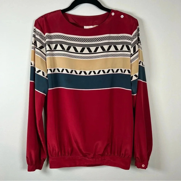 Vintage Liz Claiborne Blouse Red Shoulder Pads Geometric 80s Long Sleeve Size 10 - Picture 1 of 12